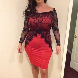 Red black lace dress